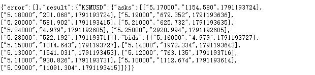 Kraken 公開行情介面回傳的 KSMUSD 訂單簿原始資料,asks 由 5.17000 數量 1154.580 起依序往上,bids 由 5.16000 數量 4.979、5.15000 數量 1014.643、5.14000 數量 1972.334 起依序往下