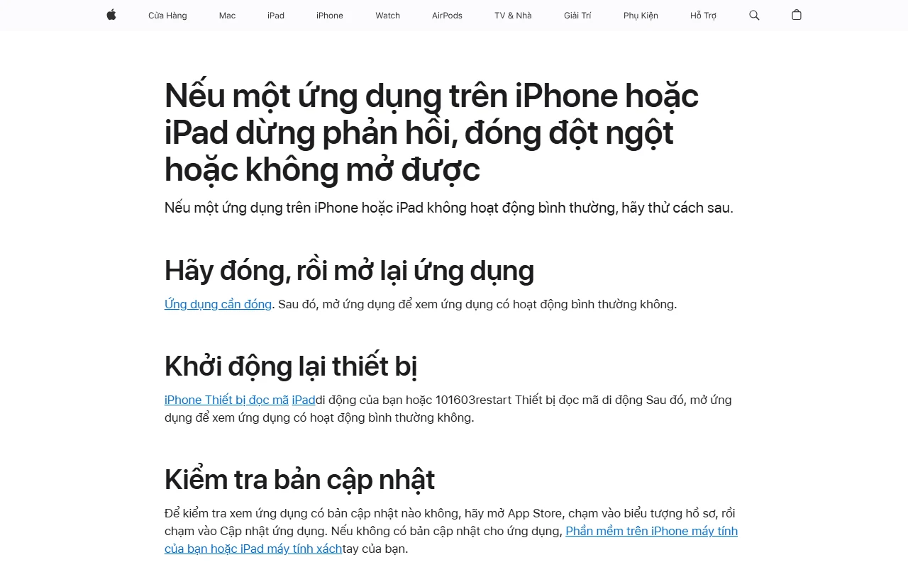 Trang hỗ trợ Apple bằng tiếng Việt, hiển thị lỗi ứng dụng không mở và các bước đóng mở lại, khởi động thiết bị, kiểm tra cập nhật