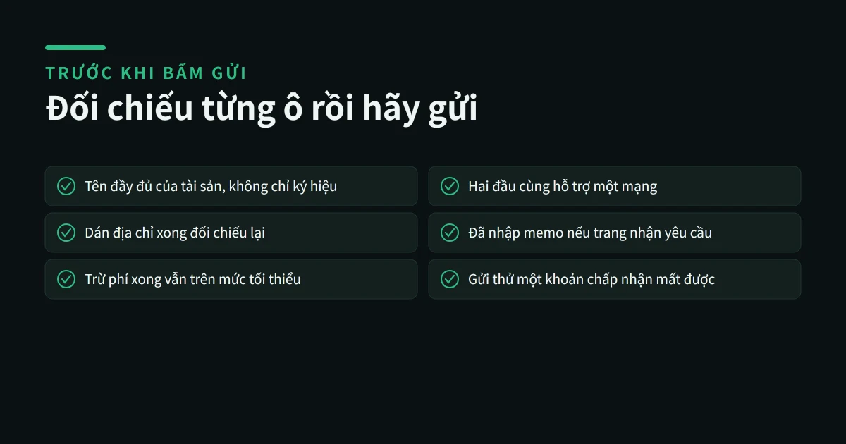 Lần đầu chuyển crypto cần kiểm tra gì? Địa chỉ, mạng, memo và giao dịch thử
