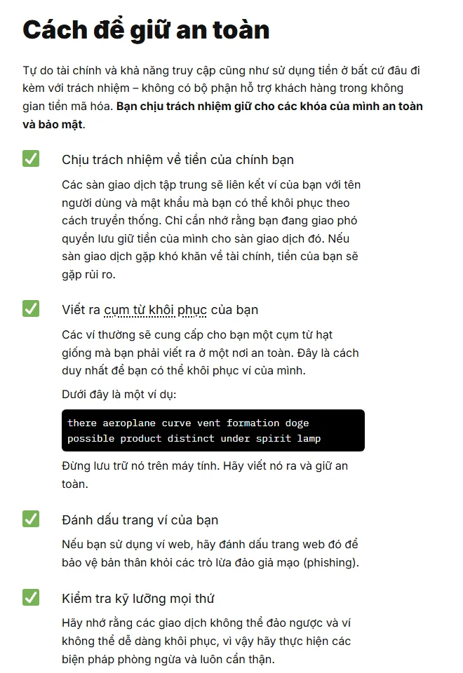 Trang ethereum.org tiếng Việt, mục "Cách để giữ an toàn" với các ý: chịu trách nhiệm về tiền của chính bạn, viết ra cụm từ khôi phục, đánh dấu trang ví và kiểm tra kỹ lưỡng mọi thứ