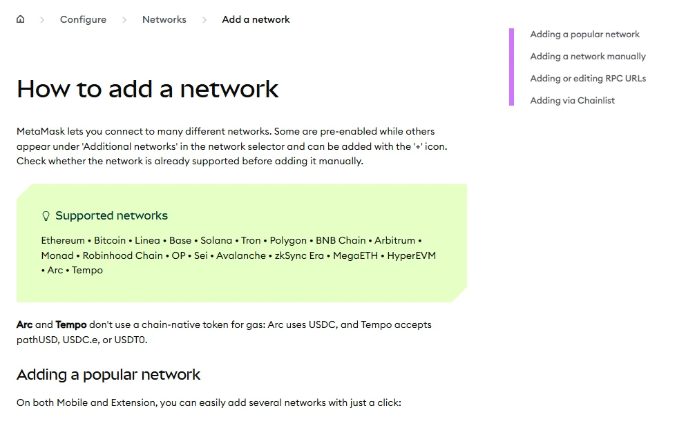 MetaMask 官方說明文件「How to add a network」頁面,Supported networks 綠色方框列出 Ethereum、Bitcoin、Linea、Base、Solana、Tron、Polygon、BNB Chain、Arbitrum 等已支援網路