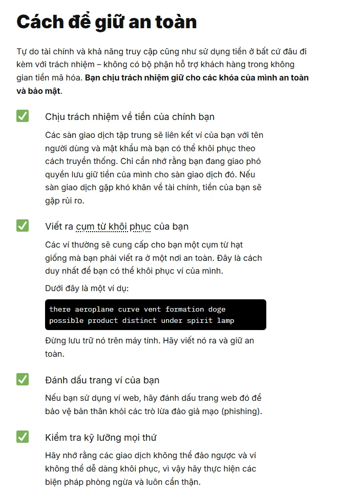 Mục «Cách để giữ an toàn» trên trang ethereum.org tiếng Việt, nhắc viết ra cụm từ khôi phục, không lưu trên máy tính, đánh dấu trang ví và kiểm tra kỹ vì giao dịch không thể đảo ngược