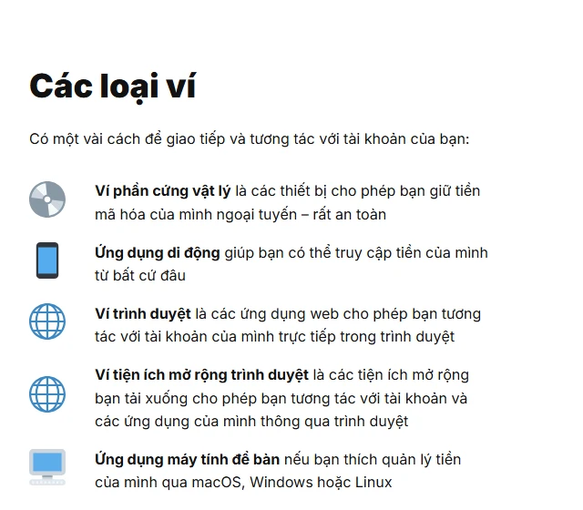 Mục «Các loại ví» trên trang ethereum.org tiếng Việt, liệt kê ví phần cứng vật lý giữ tiền mã hóa ngoại tuyến, ứng dụng di động, ví trình duyệt, tiện ích mở rộng trình duyệt và ứng dụng máy tính để bàn