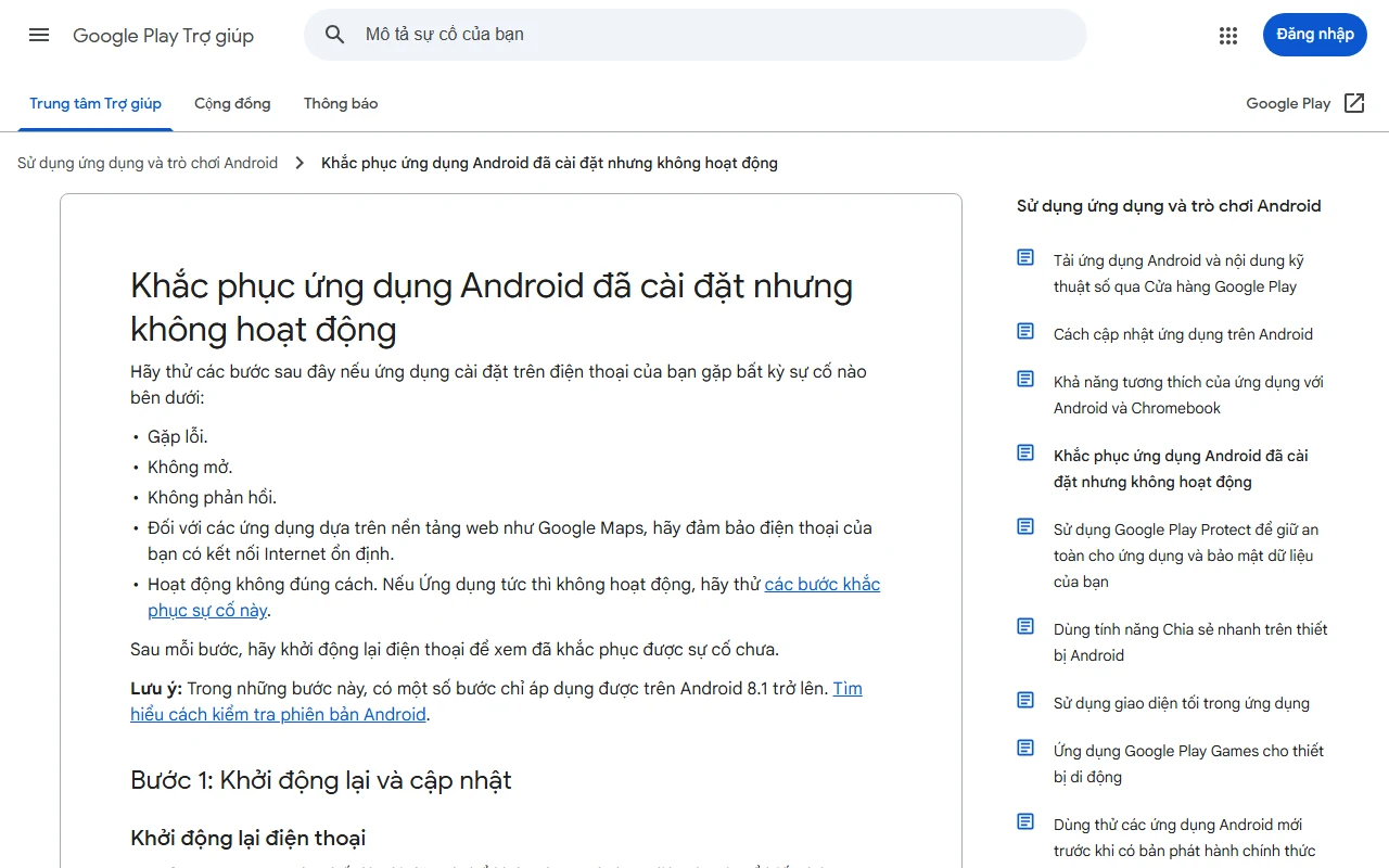 Trang trợ giúp Google Play bằng tiếng Việt, liệt kê ứng dụng Android không mở, không phản hồi và bước khởi động lại, cập nhật
