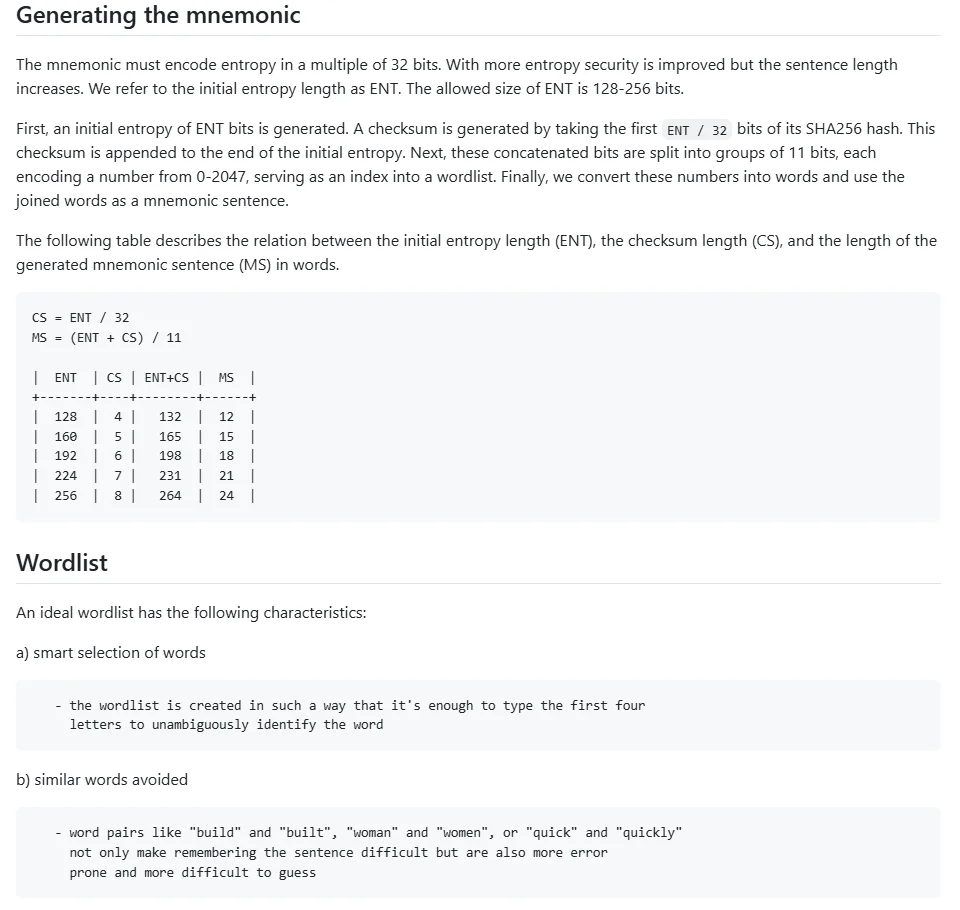 Trang GitHub của đặc tả BIP-39, đoạn "Generating the mnemonic" với bảng độ dài entropy 128 đến 256 bit tương ứng 12, 15, 18, 21, 24 từ, và đoạn "Wordlist" nói chỉ cần bốn chữ cái đầu là phân biệt được từ