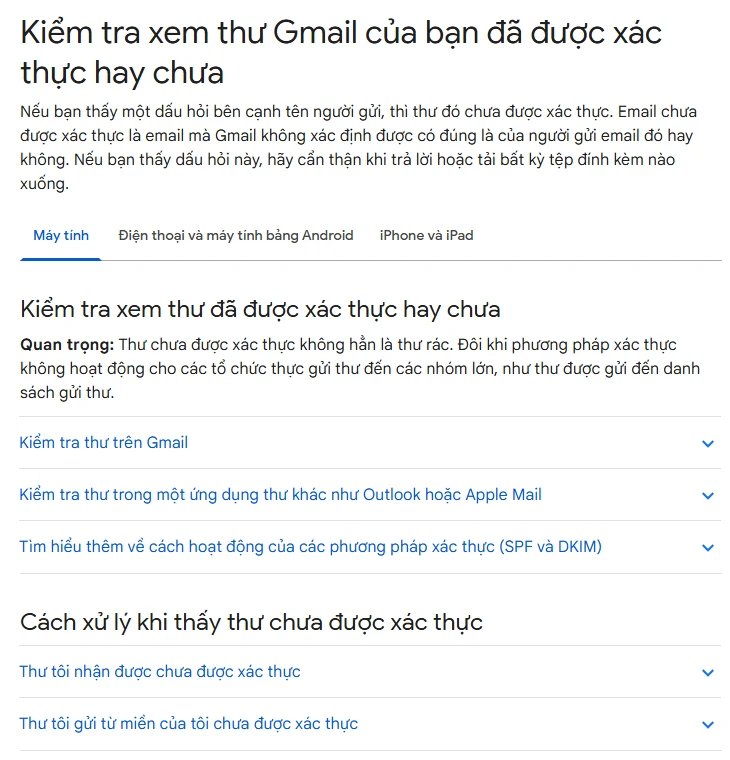 Trang trợ giúp Gmail tiếng Việt "Kiểm tra xem thư Gmail của bạn đã được xác thực hay chưa", đoạn đầu giải thích dấu hỏi bên cạnh tên người gửi nghĩa là thư chưa được xác thực, bên dưới là các mục kiểm tra trên máy tính, Android, iPhone và trong Outlook hoặc Apple Mail