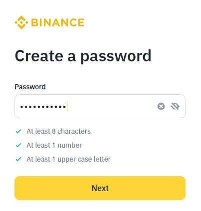 Binance 官方註冊流程中的密碼建立與格式要求畫面