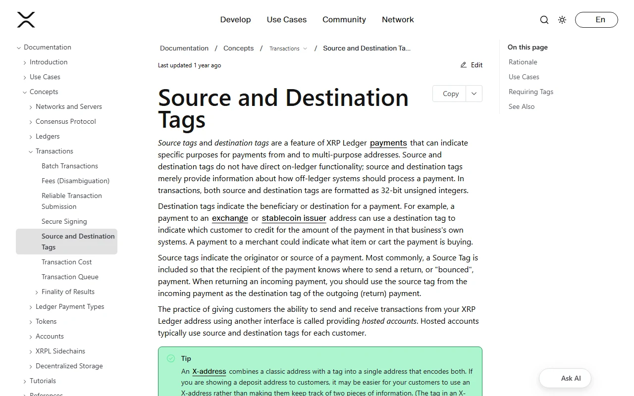 XRPL 官方 Source and Destination Tags 文件，說明 Destination Tag 如何辨認共用接收地址下的收款對象