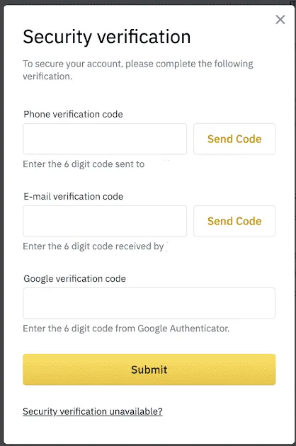 Cửa sổ xác minh bảo mật trước khi rút tiền của Binance (giao diện tiếng Anh)