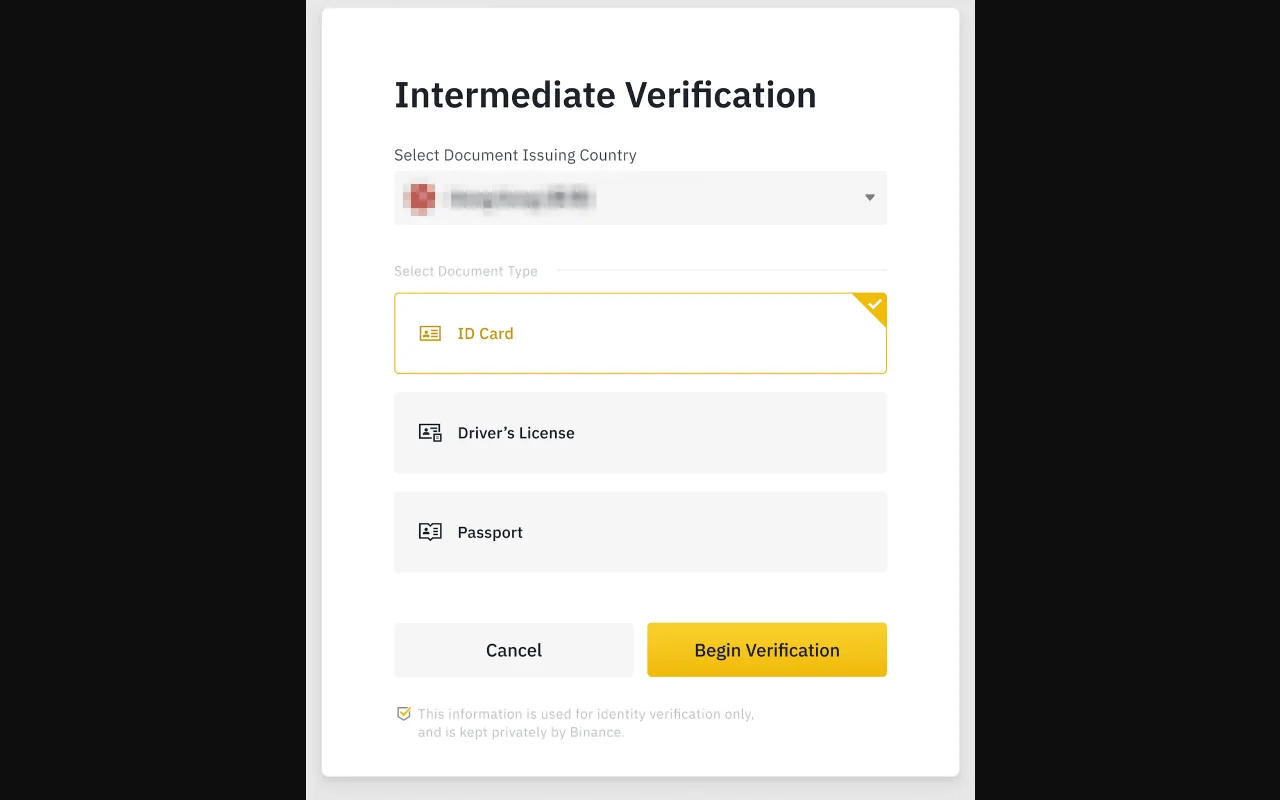 Binance 官方身分驗證指南中的證件簽發地與證件類型選擇頁,示例列出身分證、駕照與護照