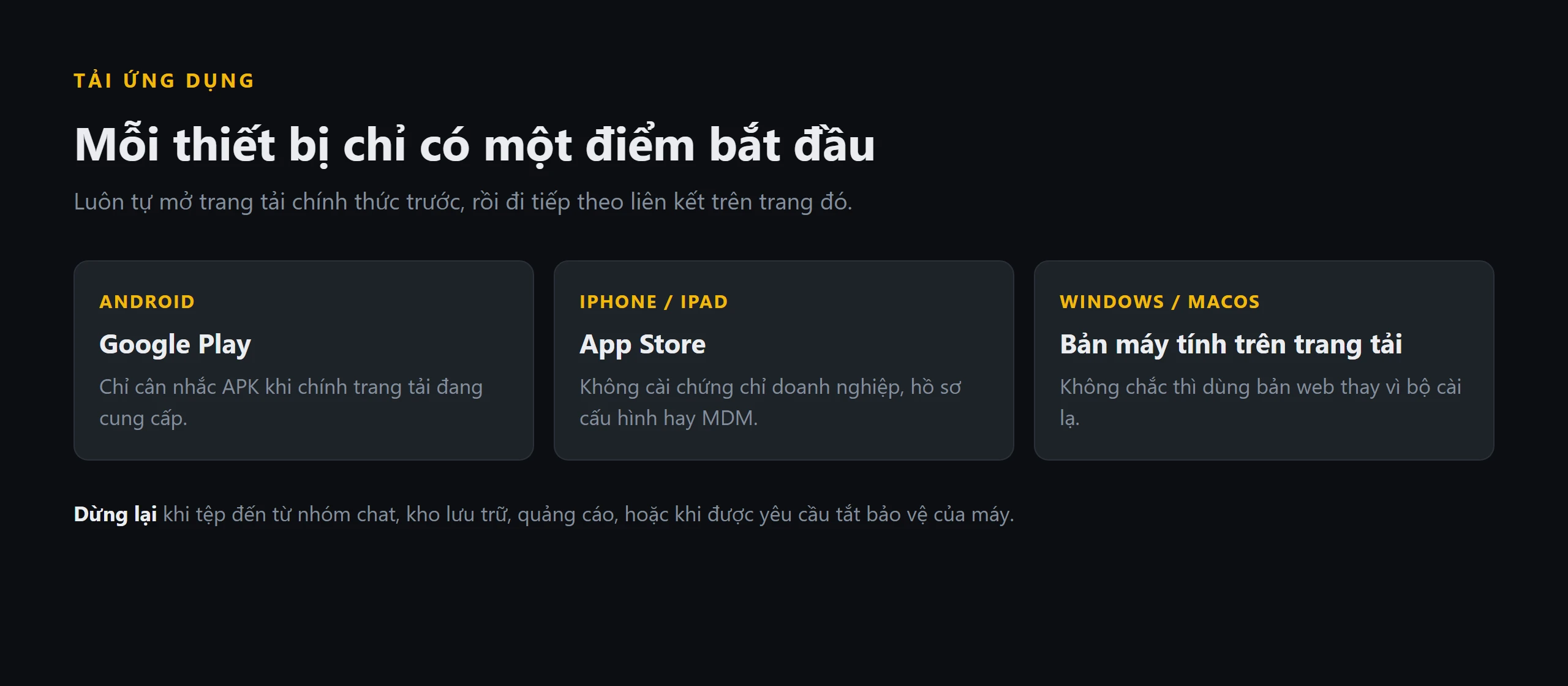 Sơ đồ điểm bắt đầu cho từng thiết bị: Android dùng Google Play, iPhone dùng App Store, máy tính dùng bản trên trang tải