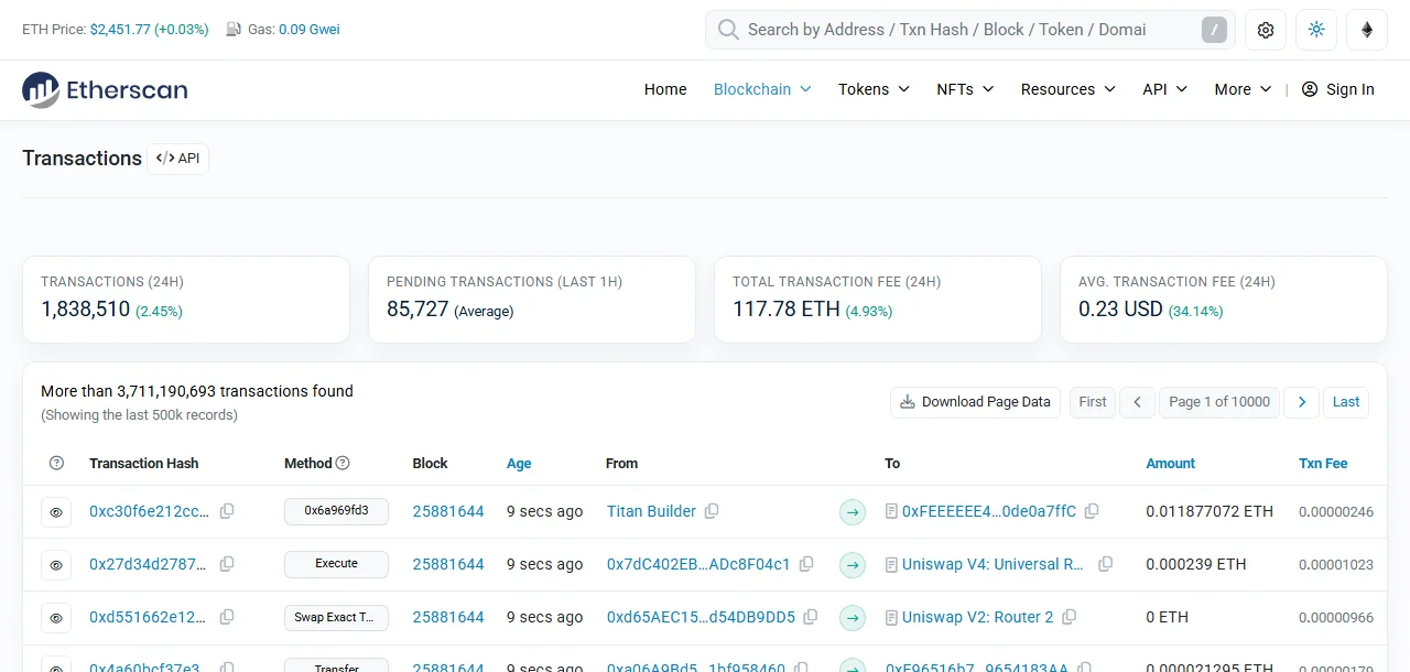 Etherscan 公開交易列表,顯示交易雜湊、區塊、From、To、金額與手續費欄位