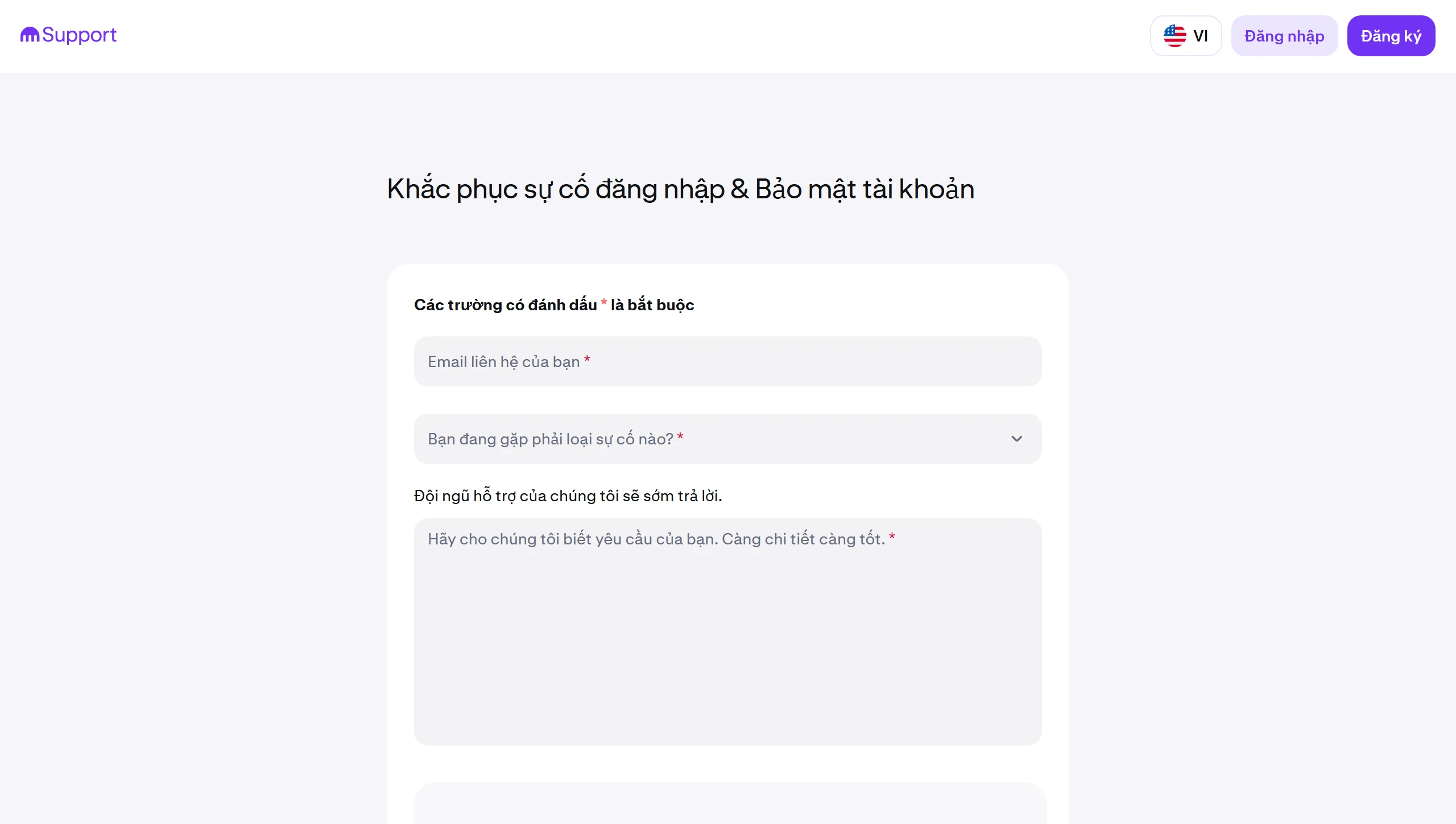 Biểu mẫu hỗ trợ đăng nhập và bảo mật tài khoản của Kraken bằng tiếng Việt, với các ô email liên hệ, loại vấn đề và mô tả còn trống