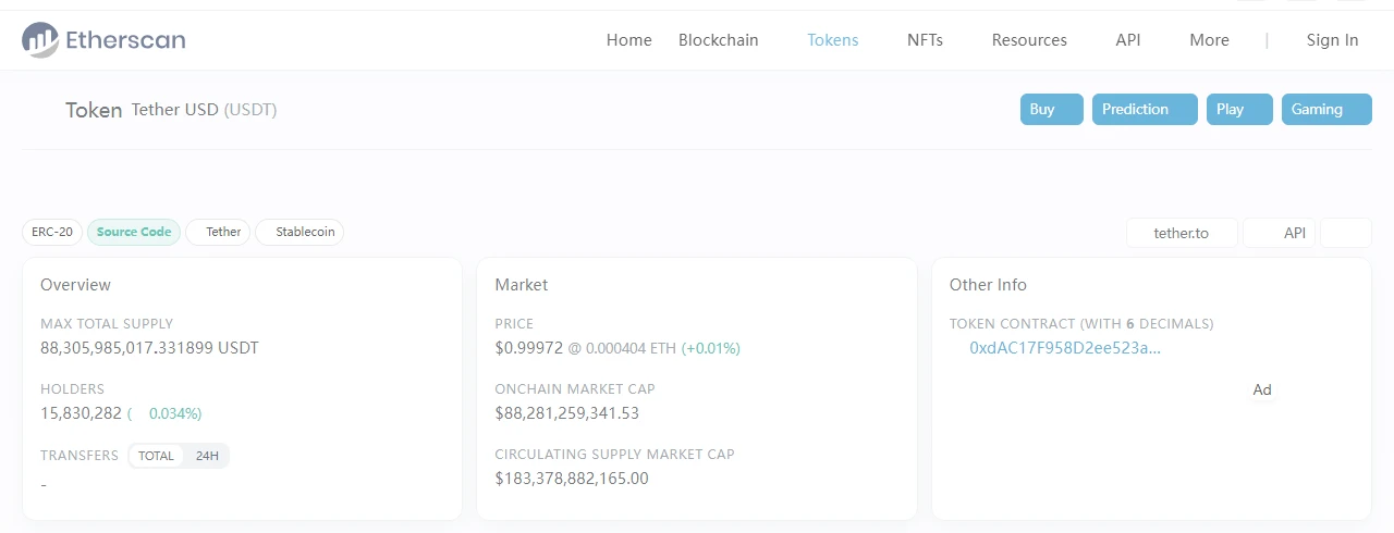Etherscan 的 Tether USD(USDT)代幣頁,顯示 ERC-20 標籤及 Other Info 中的 Token Contract 欄位