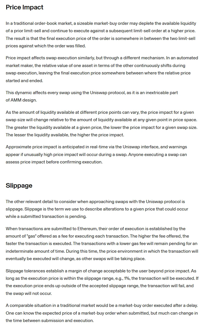 Uniswap 開發者文件 Understanding Swaps on Uniswap 頁面中的 Price Impact 與 Slippage 兩段英文說明,提到流動性越少價格衝擊越大,以及執行價格超出滑價容忍範圍例如 1% 時交易會失敗