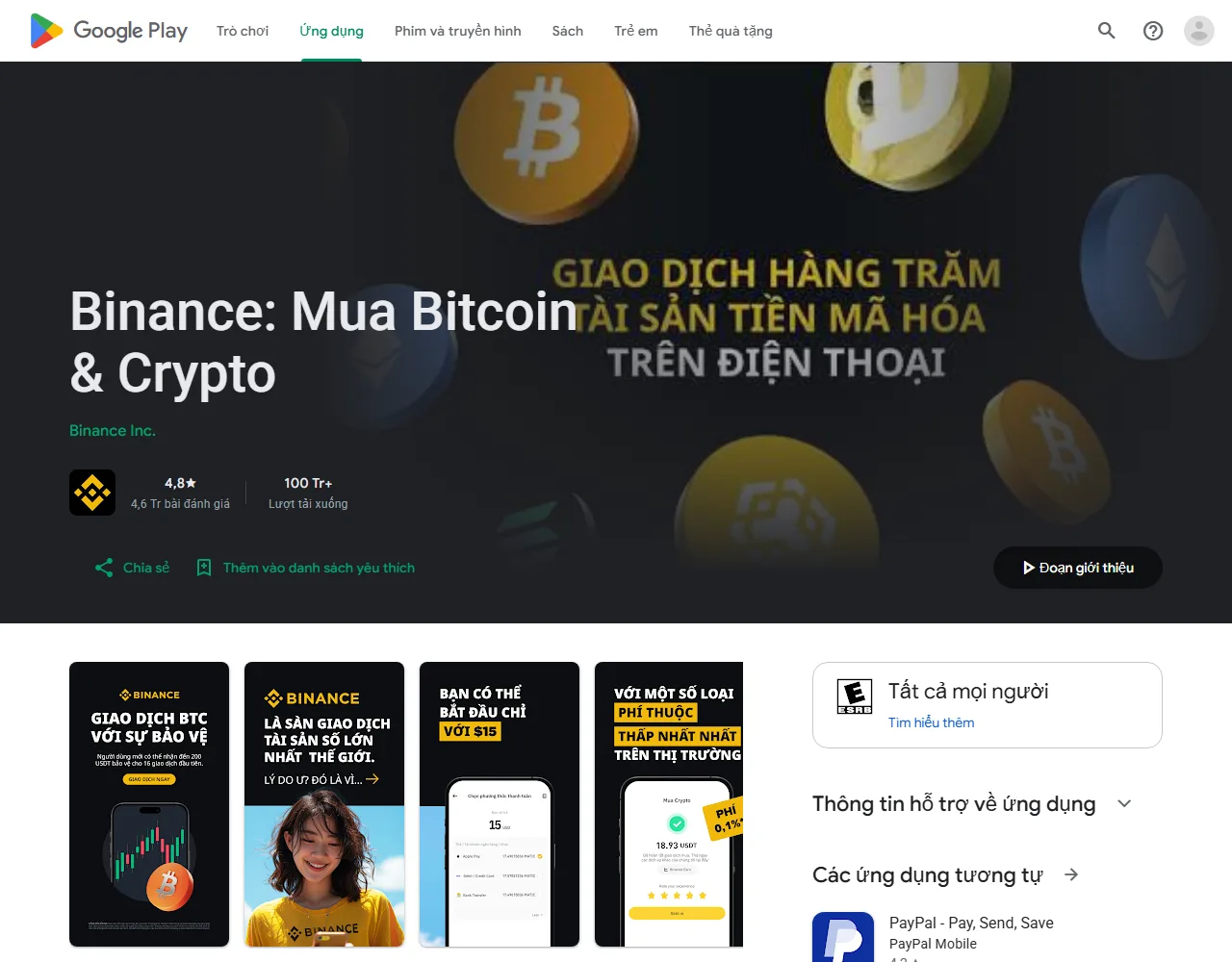 Mục ứng dụng Binance thật trên Google Play bằng tiếng Việt, hiển thị tên sản phẩm và nhà phát triển tại thời điểm chụp