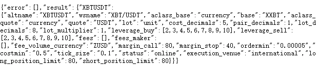 Dữ liệu thô quy tắc giao dịch XBTUSDT từ API AssetPairs công khai của Kraken, gồm các trường ordermin 0.00005, costmin 0.5, tick_size 0.1, pair_decimals 1, lot_decimals 8 và status online