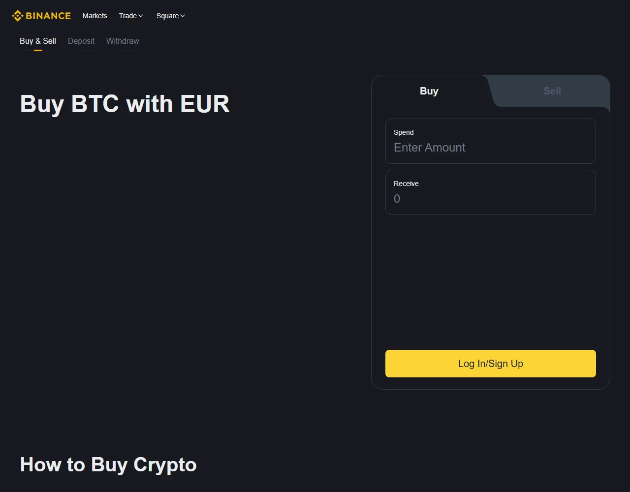 Binance 官方 Buy & Sell 公開頁面,顯示 Spend、Receive 與登入入口