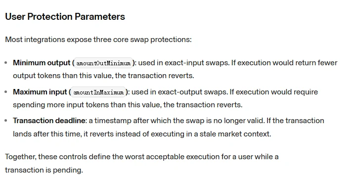 Mục User Protection Parameters trong tài liệu Uniswap, bằng tiếng Anh, liệt kê ba tham số Minimum output (amountOutMinimum), Maximum input (amountInMaximum) và Transaction deadline; mỗi tham số đều khiến giao dịch bị hoàn lại (revert) nếu không đạt điều kiện