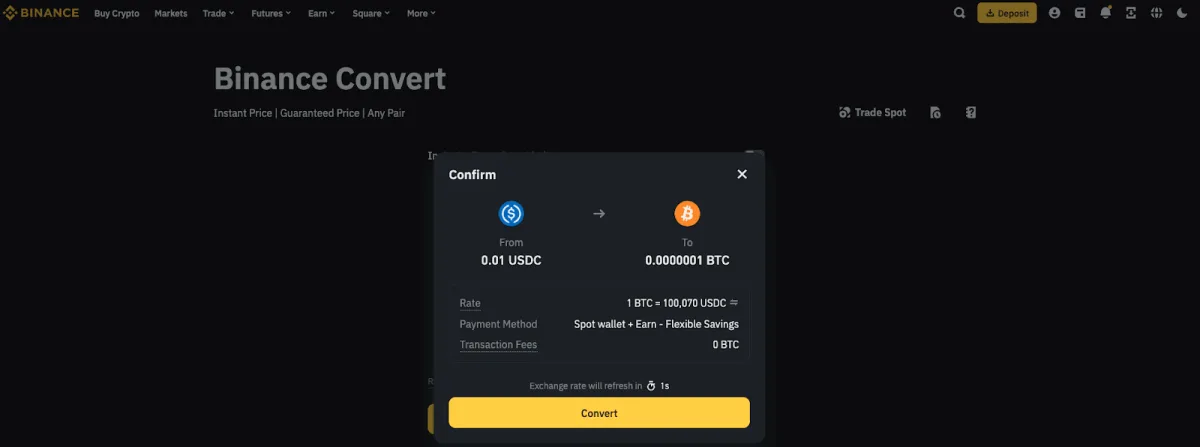Cửa sổ xác nhận Convert: tỷ giá, phí và thời gian đếm ngược (giao diện tiếng Anh)