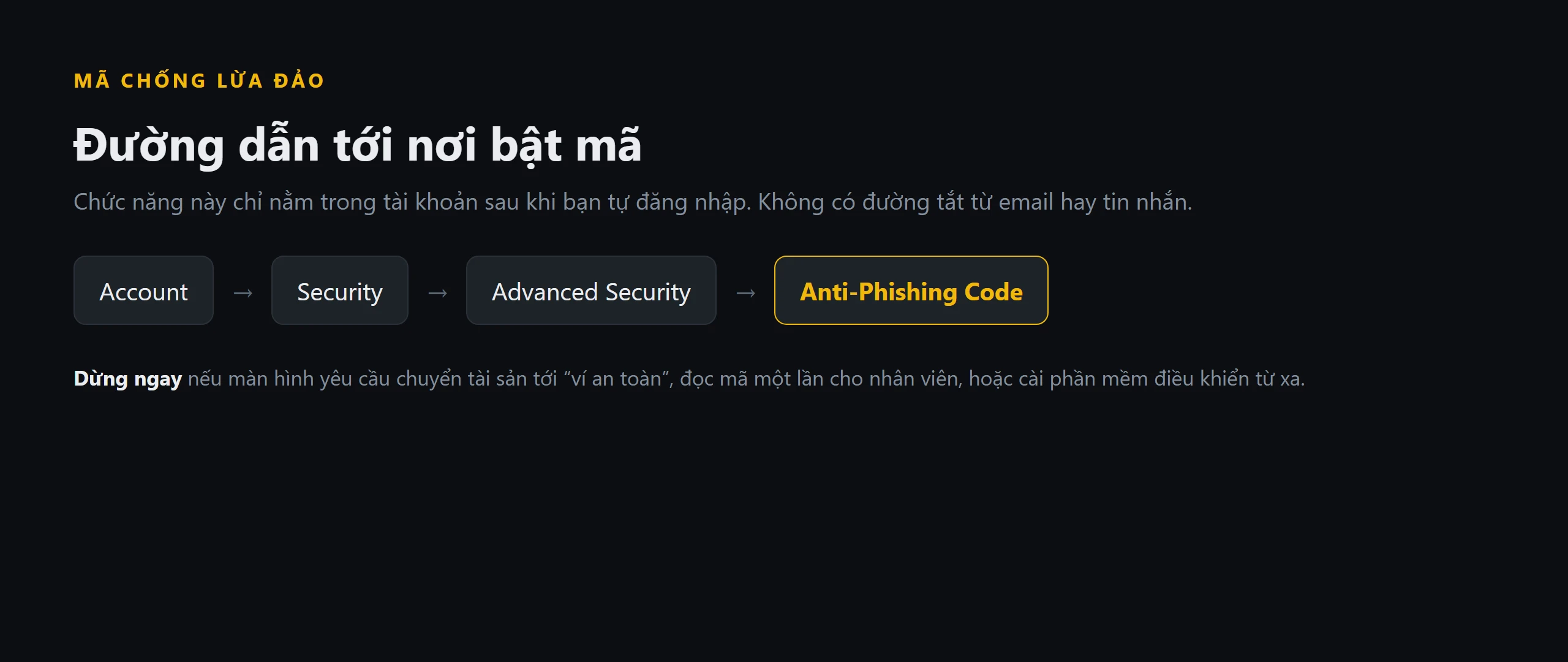 Sơ đồ đường dẫn Account → Security → Advanced Security → Anti-Phishing Code