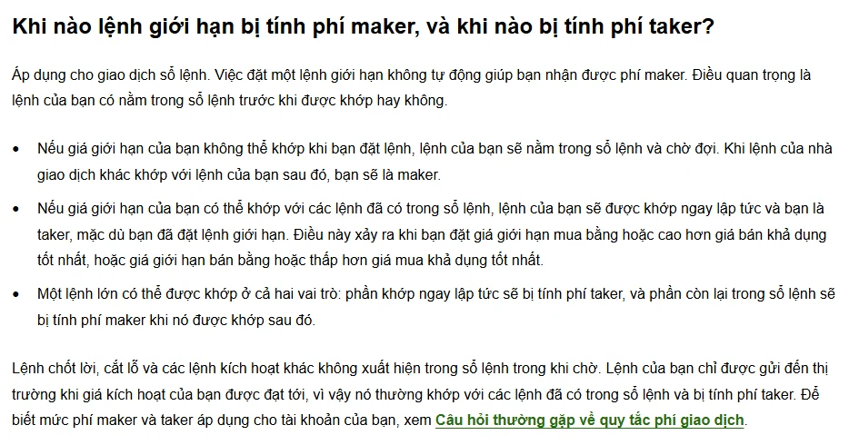 Trang Trung tâm hỗ trợ OKX tiếng Việt với tiêu đề Khi nào lệnh giới hạn bị tính phí maker và khi nào bị tính phí taker, liệt kê trường hợp không khớp ngay là maker, khớp ngay là taker, và lệnh lớn có thể khớp ở cả hai vai trò
